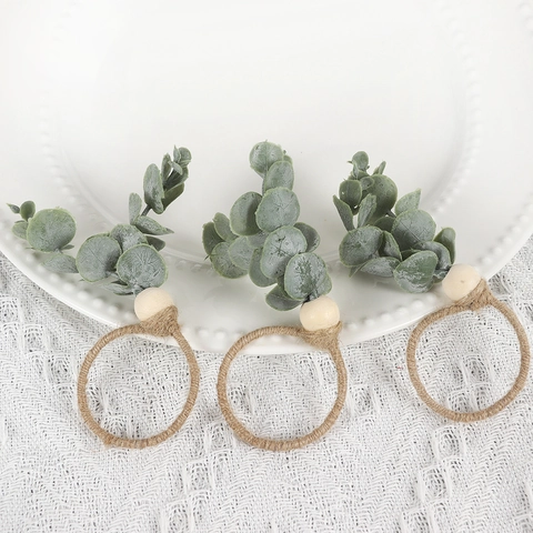 Napkin Rings Jute Rope Wood Bead Artificial Eucalyptus Leaves Frosted Rustic Handmade Thanksgiving Table Decoration