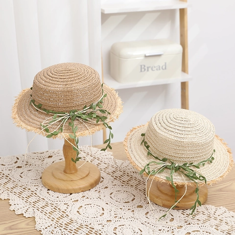 Cappello di Paglia di Carta a Corona Piatta con Foglie di Salice Estate Bordo Sfrangiato Protezione Solare Cappello Intrecciato per Donna Bambini Genitore-Figlio