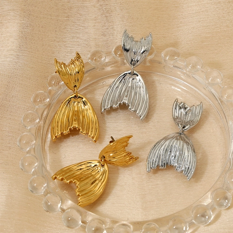 Pendientes Colgantes De Cola De Pez Sirena Acero Inoxidable Plisado Texturizado Joyería Para Mujer Elegante