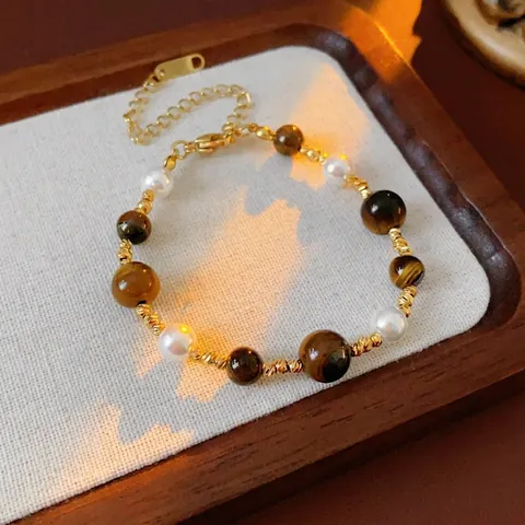 Vintage Beaded Bracelet With Artificial Pearls And Tiger Eye Stones Real Gold Plated Copper For Women Elegant Retro