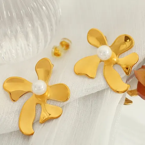 Orecchini A Petalo Di Fiore Irregolari Per Donna Acciaio Inossidabile Con Perla Artificial Sintetica Design Retrò Astratto Gioielli