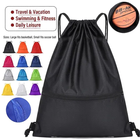 Drawstring Backpack Sports Gym Bag Waterproof Oxford Cloth Honeycomb Ripstop With Front Zipper Pocket For Basketball Travel Fitness