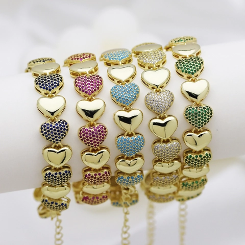 Herz Gliederkette Armband Kupfer 18K Vergoldet Mit Bunten Zirkonia Eingelegt Luxus Elegant Mode Schmuck Für Frauen