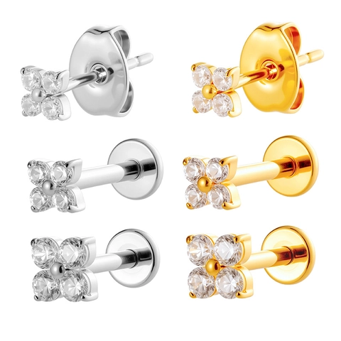 Titanium Labret Stud Interne Schroefdraad Piercing Sieraden Bloem Zirkonia Kraakbeen Oorbel Platte Achterkant Voor Dames En Heren