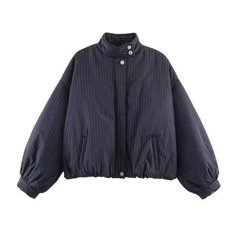 Dames Bomberjack Met Krijtstreep Opstaande Kraag Lange Lantaarnmouwen Marineblauw Casual Korte Bovenkleding