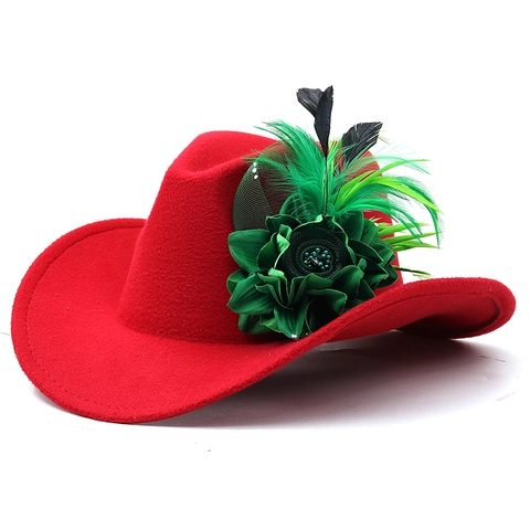 Elegant Fedora Hat Polyester Felt Wide Brim Satin Flower Feather Rhinestone Retro Western Cowboy Style Women Party Performance