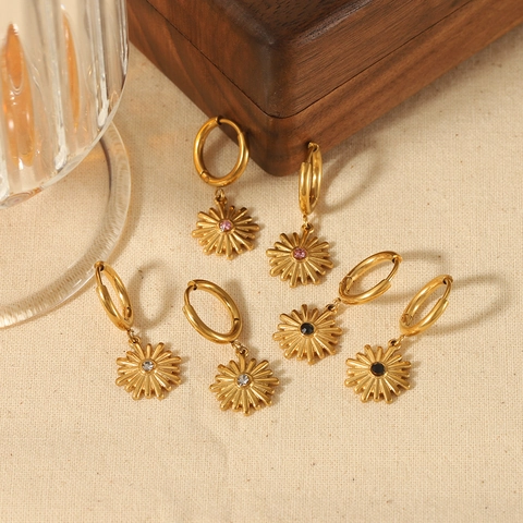 Sunflower Dangle Hoop Earrings 18K Gold Plated Stainless Steel Zircon Sunburst Floral Jewelry For Women