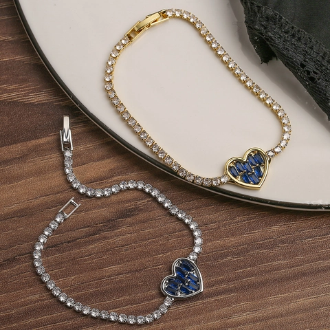 Heart Pendant Tennis Bracelet Copper With Cubic Zirconia And Blue Gemstone Elegant Jewelry For Women