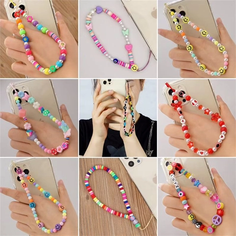 Perlen Handyband Handschlaufe Bunte Polymer Ton Acryl Böser Blick Smiley Gesicht Anti-Verlust Deko Trendiger Stil Damen