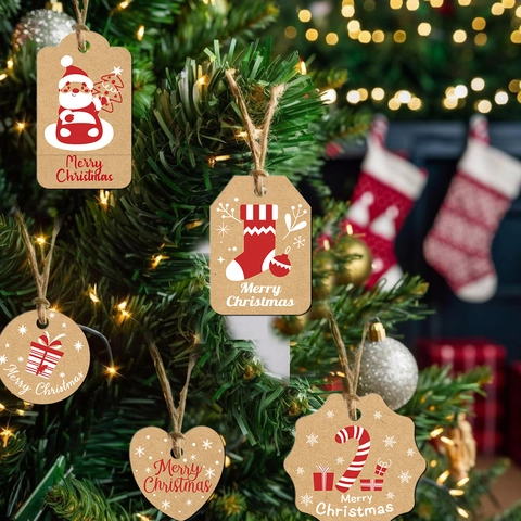 Etichette Regalo in Carta Kraft di Natale Babbo Natale Pupazzo di Neve Albero Con Corde in Juta e Cotone per Decorazioni