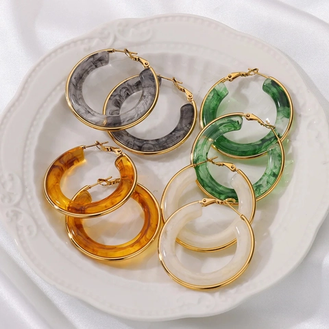 Vintage C-Shaped Hoop Earrings With Marbled Resin And Stainless Steel Frames Retro Geometric Jewelry For Women