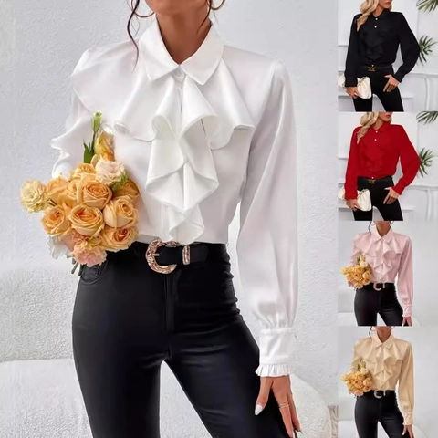 Women Elegant Long Sleeve Satin Blouse Layered Ruffle Front Turn-Down Collar Office Commute Fashionable Tops