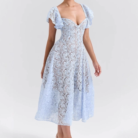 Elegant Floral Lace Maxi Dress V-Neck Flutter Sleeve High Waist Slimming A-Line Party Gown For Women