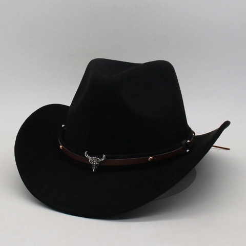 Western Cowboy Hat Faux Suede Wide Brim Retro Jazz Fedora With Metal Bull Head Rivet Band For Men Women Vintage