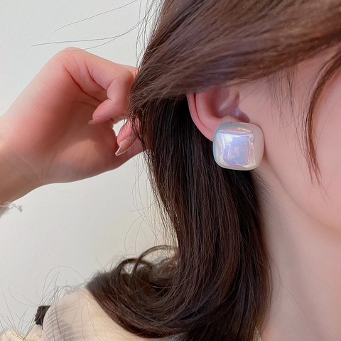Pendientes De Botón De Imitación De Perla Artificial Geométrica Elegante Con Poste De Plata Esterlina 925 Brillo Irisado Para Mujer