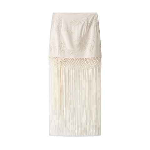 Minigonna Da Donna Con Ricamo Floreale E Frange Lunghe Giunzione In Rete Nodo Laterale Bodycon Bianco Crema Elegante