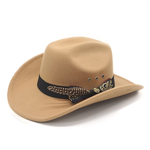 Western Cowboy Hat Wool Felt Wide Brim Ethnic Feather Decoration Vintage Fedora Jazz Hat For Women Men
