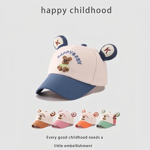 Kids Cartoon Bear Baseball Cap Cotton Polyester 3D Ear Embroidery Sun Hat For Boys Girls Toddlers Adjustable Fashion Cap