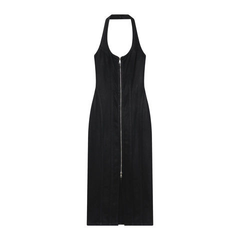 Halter Neck Backless Bodycon Midi Dress Black Sleeveless Slim Fit Coated Fabric Elegant Party Evening For Women