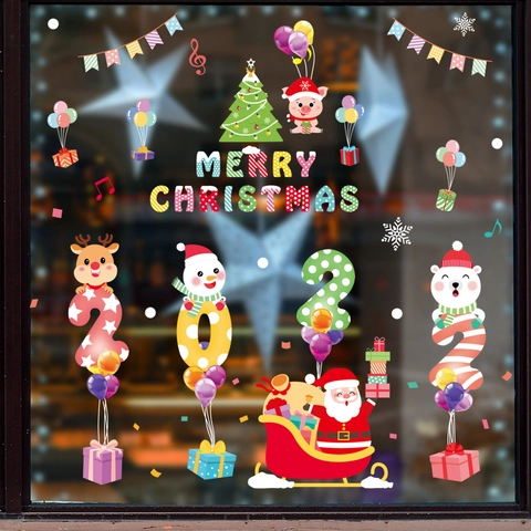 Christmas Window Stickers PVC Waterproof Removable Static Clings Santa Claus Reindeer Snowman Pattern Holiday Glass Decor