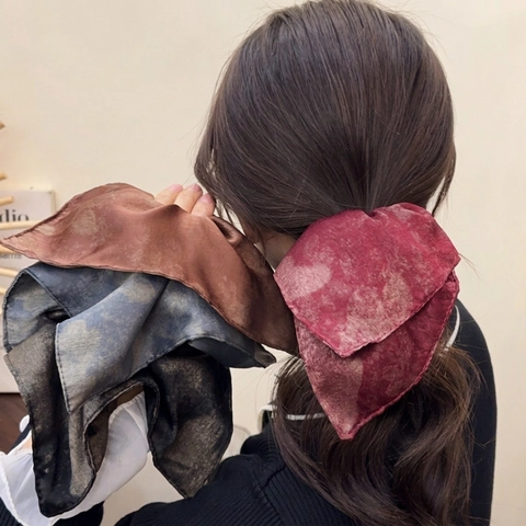 Large Satin Scrunchies Vintage Marble Print Elastic Hair Ties Retro Fabric Bow Knot Hair Accessories For Women