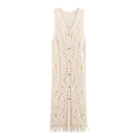 Chaleco De Ganchillo Para Mujer Cárdigan Calado Flecos Cuello En V Sin Mangas Largo Cover Up De Playa Punto Boho