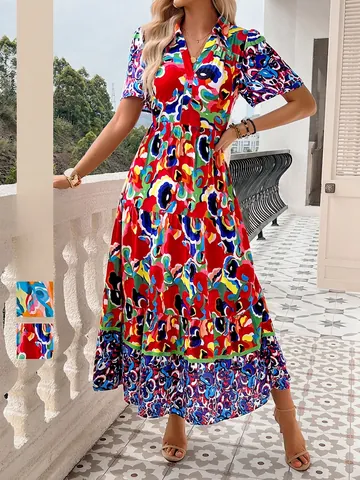 Abito Maxi A Maniche Corte Con Scollo A V Da Donna Stampa Floreale Astratta Colorata In Viscosa Stile Vacanza
