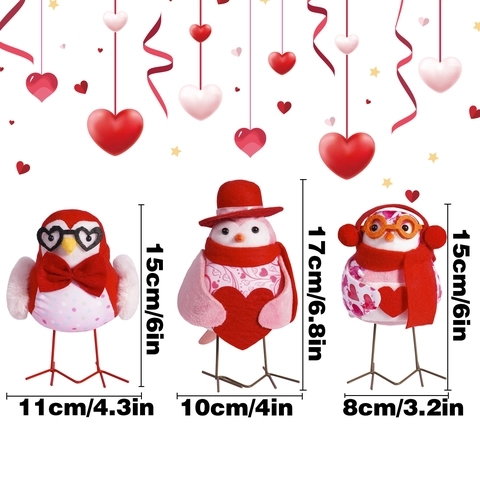 Valentine's Day Cute Bird Figurine Decor Polyester Fabric Heart Glasses Scarf Ornament Desktop Bird Statue For Wedding Party Home Gift