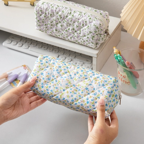 Floral Quilted Pencil Case Large Capacity Portable Polyester Zipper Storage Bag Stationery Pouch For School Office