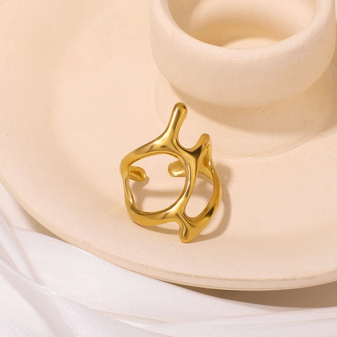 Liquid Stainless Steel Ring Irregular Geometric Hollow 18K Gold Plated Open Adjustable Ring Women Minimalist Modern Style