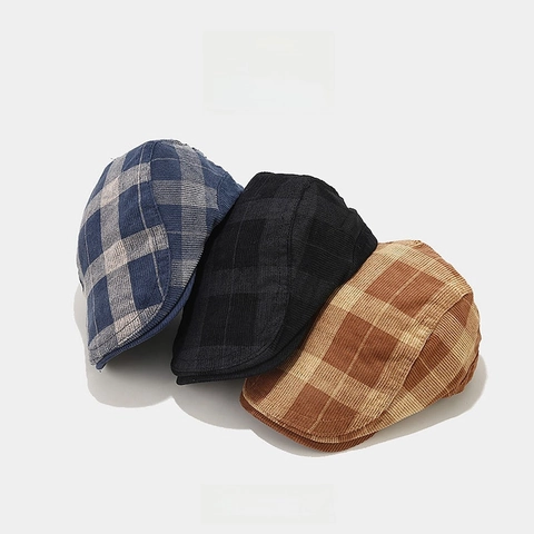Vintage Corduroy Plaid Flat Cap Retro British Style Adjustable Beret Painter Hat For Men And Women Versatile Streetwear