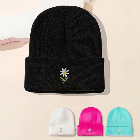 Strickmütze Beanie Acryl Warm Wintermütze Mit Gänseblümchen Stickerei Gerippt Für Herren Und Damen