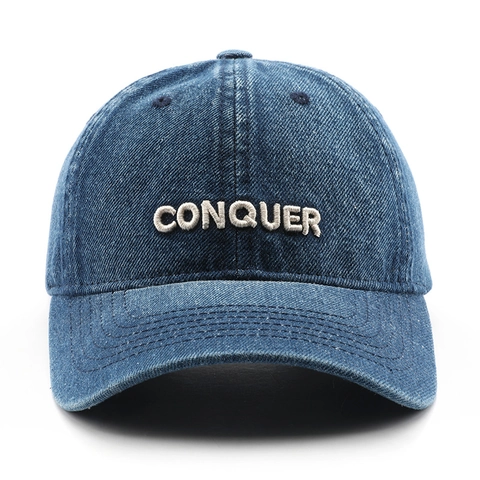 Conquer Letter Embroidery Baseball Cap Washed Denim Vintage Retro Distressed Adjustable Sun Hat For Men Women