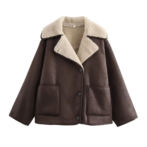 Women Faux Shearling Jacket Lapel Fleece Lined Faux Leather Suede Coat Vintage Casual Winter Warm Outerwear With Pockets
