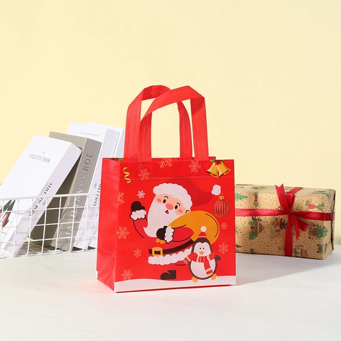 Festive Christmas Non-woven Gift Tote Bag With Santa Snowman Reindeer Prints Holiday Party Shopping Bag For Gift Packaging