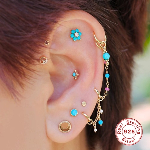 925 Sterling Silver Ear Cartilage Stud Vintage Turquoise Helix Piercing Screw Back Flower Tragus Jewelry For Women