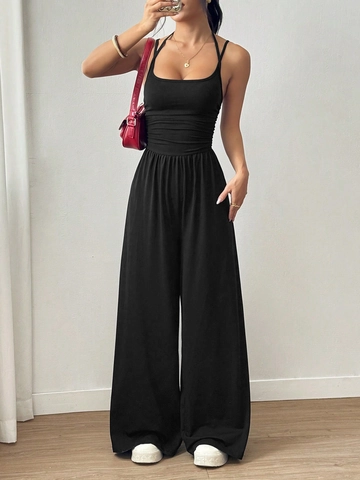 Women Sexy Polyester Spaghetti Strap Jumpsuit Summer Casual Ruched Waist Sleeveless Wide Leg Romper Top And Bottom