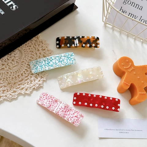 Elegant Rectangular Acetate Duckbill Hair Clips With Inlaid Artificial Pearls Tortoiseshell Pattern Side Bangs Barrette For Women