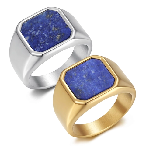 Men Signet Ring Stainless Steel Natural Tiger Eye Lapis Lazuli Square Stone Geometric Band Fashion Jewelry