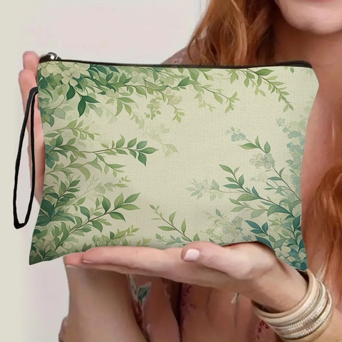 Borsa Trucco In Lino Motivo Foglie Di Piante Verdi Astuccio Cosmetico Con Cinturino Da Polso Organizzatore Da Toeletta Portatile