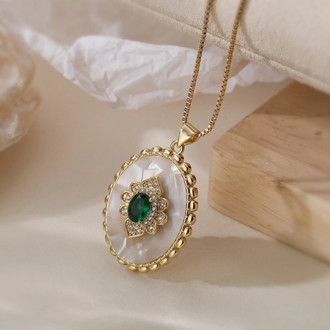 Collar Con Colgante Ovalado Cobre Chapado En Oro De 18K Con Piedra Preciosa Verde Y Nácar Joyas De Lujo Vintage Para Mujer