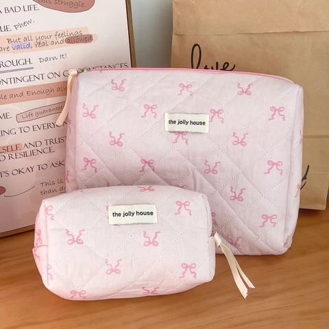 Pinke Schleifen Kosmetiktasche Gesteppte Baumwolle Große Kapazität Kulturbeutel Süßer Ästhetischer Make-up Organizer Damen