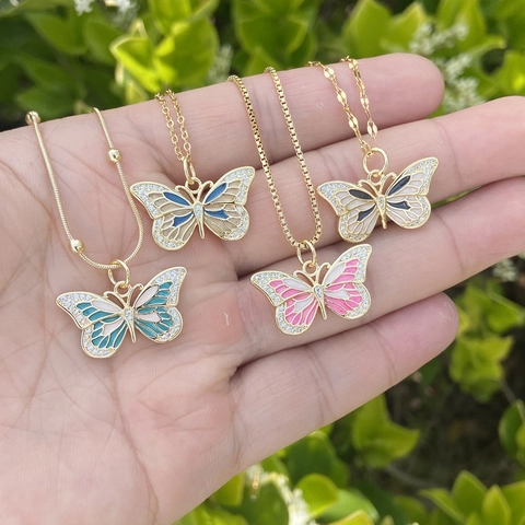 Butterfly Pendant Necklace In Copper With Cubic Zirconia Enamel Drip Oil Elegant Clavicle Chain For Women Jewelry