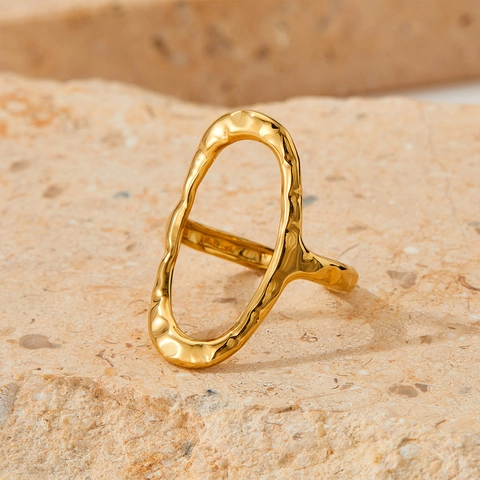 Anillo Abierto Ovalado Hueco Irregular Textura Martillada Acero Inoxidable Joyería De Moda Geométrica Para Mujeres