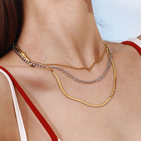 Mehrlagige Halskette Damen Mixed Gold Silber Edelstahl Schlangenkette Panzerkette Wasserdicht Hypoallergen Modern