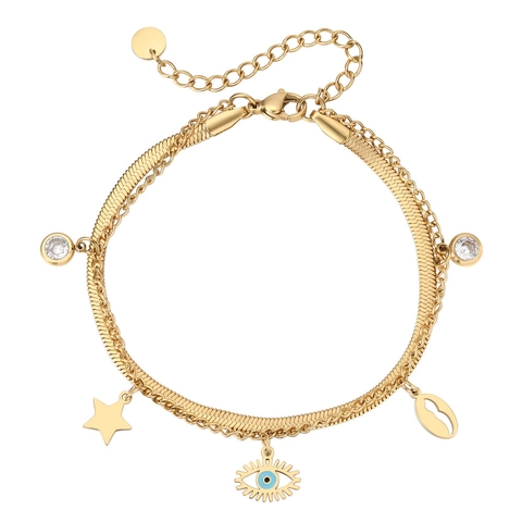 Bracciale a Doppio Strato in Acciaio al Titanio da Donna Oro Oro Rosa Malocchio Stella Conchiglia Ciondolo Strass Gioielli di Moda