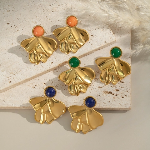 Vintage Flower Petal Geometric Stud Earrings Gold Plated Stainless Steel Waterproof Hypoallergenic Gemstone Inlaid Women