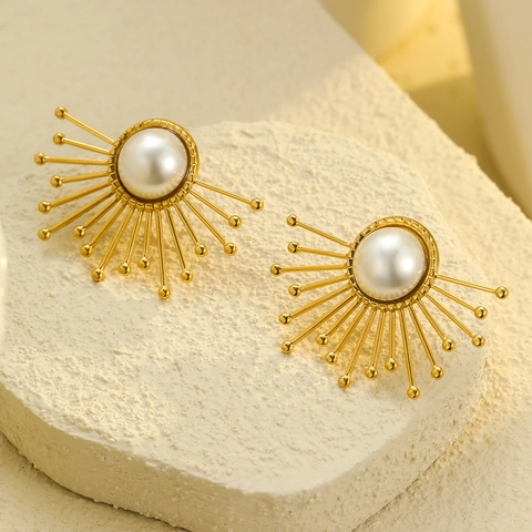 Vintage Stainless Steel Sunburst Sunflower Stud Earrings With Artificial Pearl Gold Plated Geometric Earrings For Women