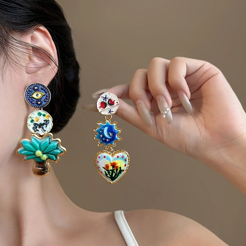 Vintage Asymmetrische Ohrhänger Für Damen Mit Stahlstift Emaille Abstrakt Herz Sonne Mond Statement Schmuck