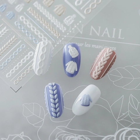 Embossed Nail Stickers Sweater Knitting Texture Winter Self Adhesive Decals Manicure DIY Decoration